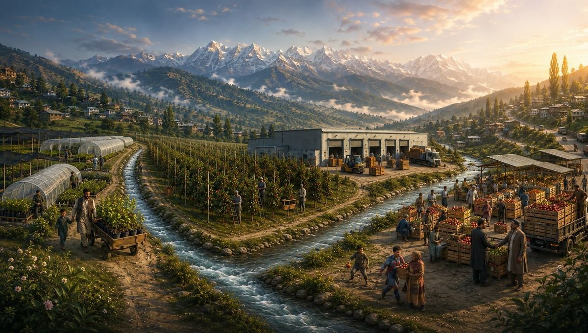 An illustrated Himalayan valley: terraced orchards and nursery rows on the slopes, a river through the middle, a packhouse and a market at the roadside, snow peaks behind.