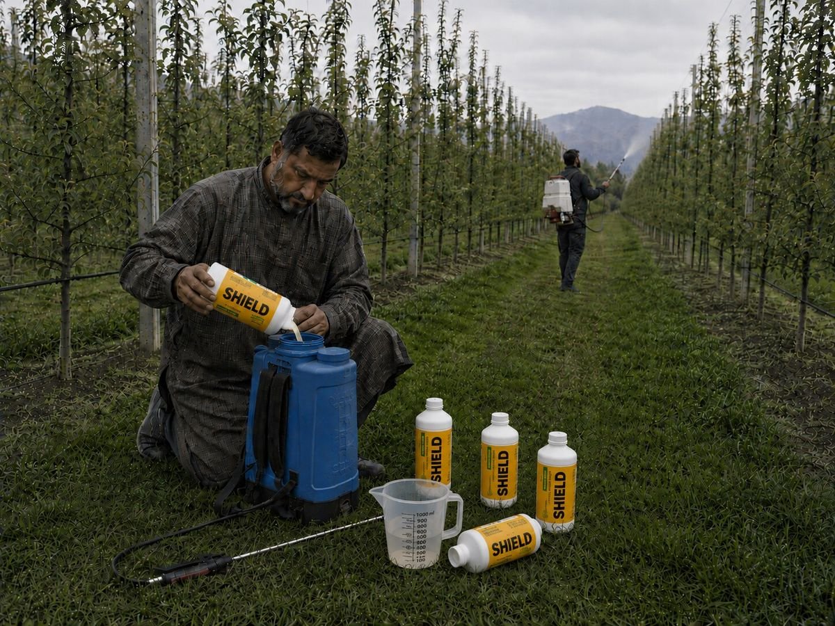 A grower kneeling in an orchard row, measuring a crop-protection concentrate into a knapsack sprayer, with a measuring jug and labelled containers beside him and a second worker spraying further down the row.